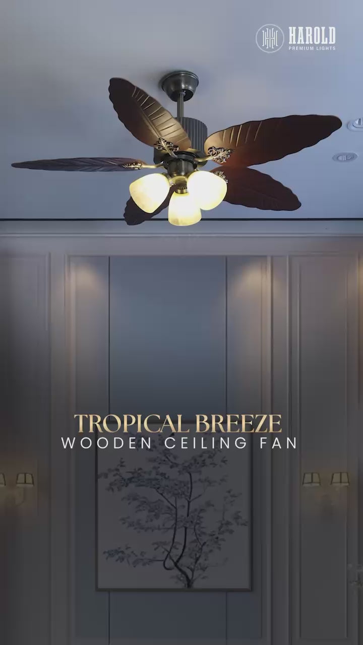 Tropical Breeze Wooden Ceiling Fan with Remote Control - 52"Inch Blade Size